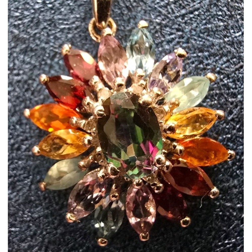 925 Sterling Silver Flower Pendant Necklace 18" Multicolor Stones‎ 2.47g